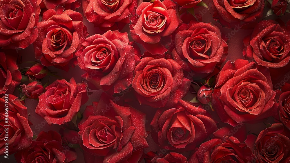 Luxurious Red Roses with Dew Drops - A Romantic Floral Display in Vivid Colors Luxurious Red Roses with Dew Drops - A Romantic Floral Display in Vivid Colors