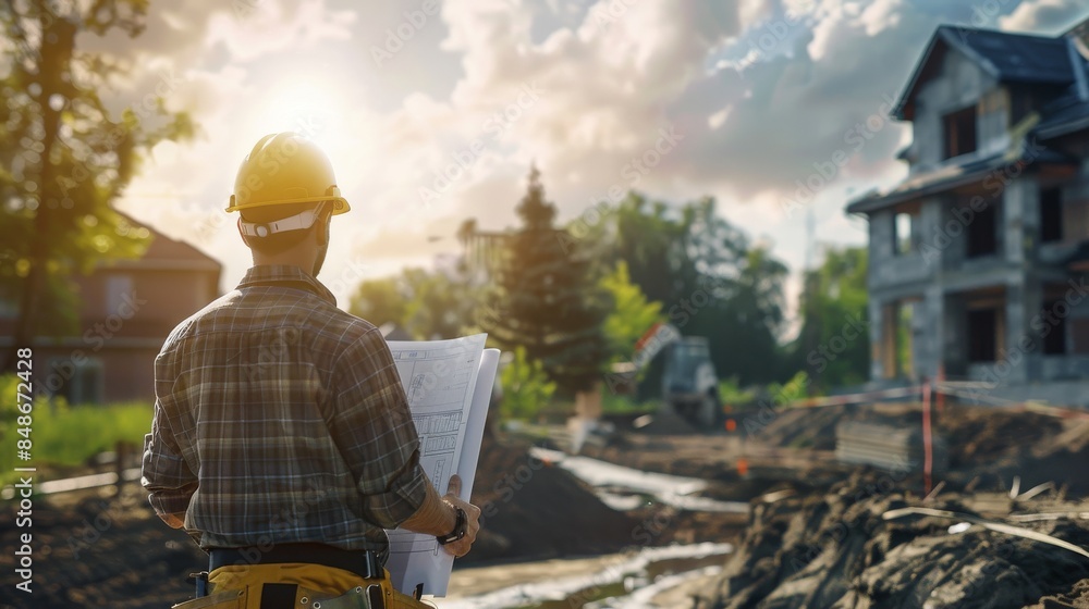Professional Worker with Blueprints at Construction Site: Safety Gear and Detailed House Building in Bright, Focused Atmosphere Professional Worker with Blueprints at Construction Site: Safety Gear and Detailed House Building in Bright, Focused Atmosphere