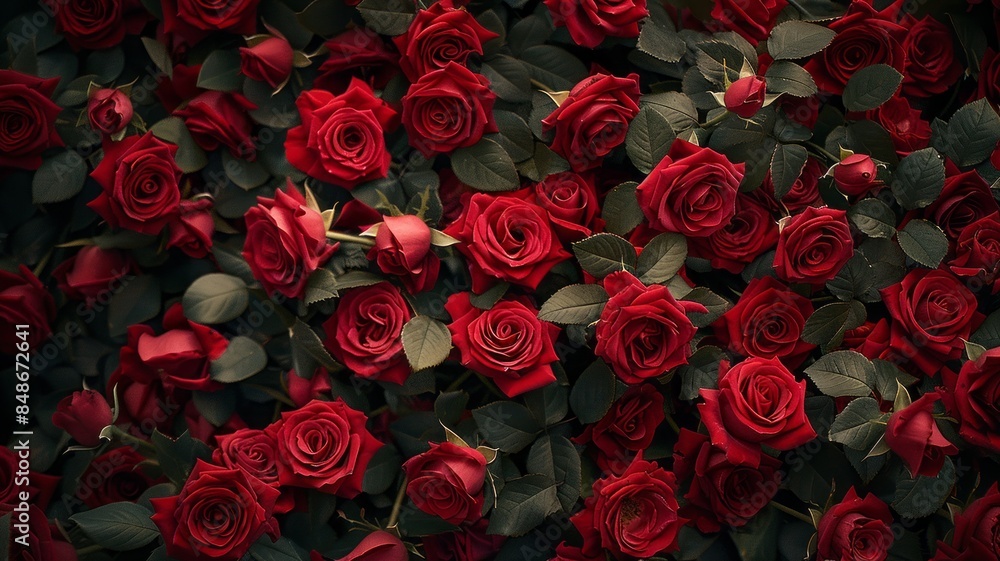 Vibrant Rose Garden: A Lush Display of Red Blossoms in Full Bloom Vibrant Rose Garden: A Lush Display of Red Blossoms in Full Bloom