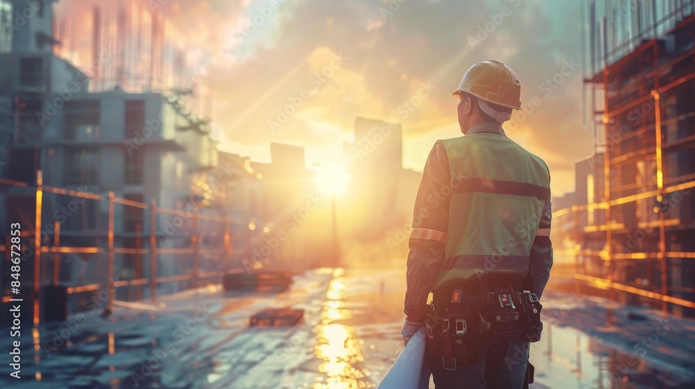 custom made wallpaper toronto digitalProfessional Worker with Blueprints at Construction Site: Safety Gear and Detailed House Building in Bright, Focused Atmosphere