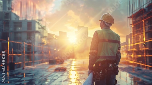 Wallpaper Mural Professional Worker with Blueprints at Construction Site: Safety Gear and Detailed House Building in Bright, Focused Atmosphere Torontodigital.ca