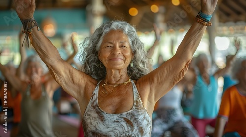 Uplifting Yoga Session for Vibrant Elderly Students in Bright Studio © TEERAWAT