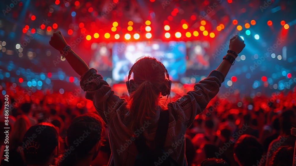 Diverse Group of Gamers Competing in a Thrilling Esports Tournament Surrounded by Cheering Fans and Flashing Lights During Gaming Week. Game Week, Success, Failure, Computer Games,Competitive. Diverse Group of Gamers Competing in a Thrilling Esports Tournament Surrounded by Cheering Fans and Flashing Lights During Gaming Week. Game Week, Success, Failure, Computer Games,Competitive.