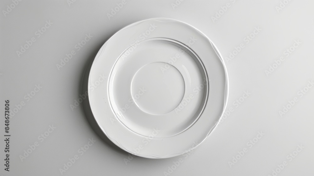 Classic white dinner plate, placed on a seamless white background, captured with precise studio lighting to enhance its elegance Classic white dinner plate, placed on a seamless white background, captured with precise studio lighting to enhance its elegance