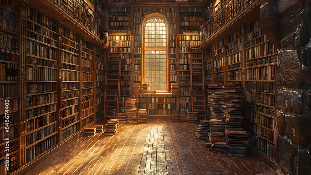 Sunlit Antique Library with Wooden Floors and Bookshelves Sunlit Antique Library with Wooden Floors and Bookshelves