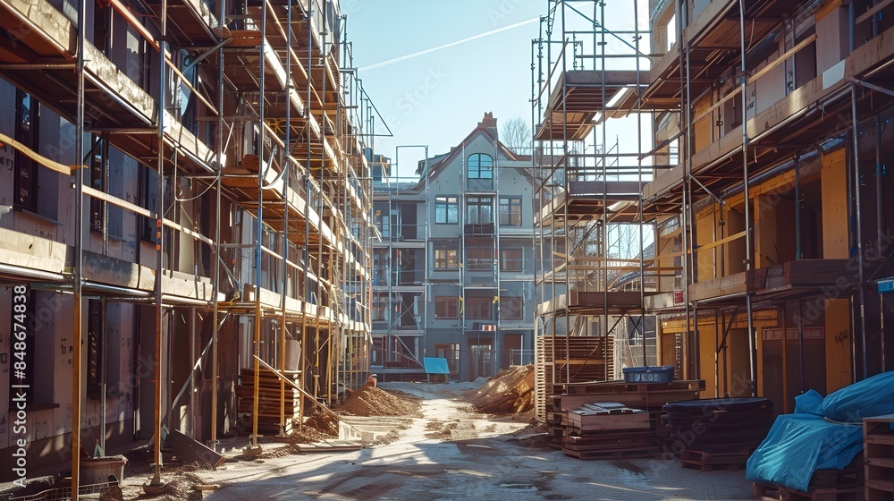 Thriving New Housing Development Under Construction with Scaffolding and Building Materials Thriving New Housing Development Under Construction with Scaffolding and Building Materials