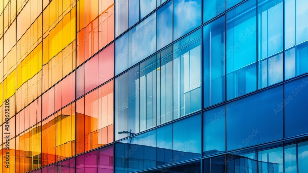 Close-up of a modern office building with gradient glass windows, reflecting a mix of urban and natural colors seamlessly Close-up of a modern office building with gradient glass windows, reflecting a mix of urban and natural colors seamlessly