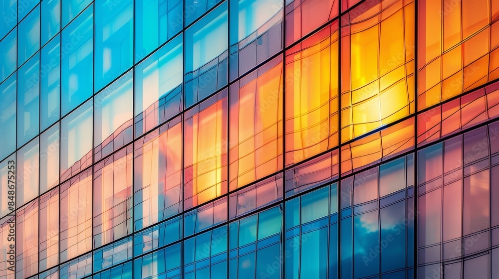 Close-up of a modern office building with gradient glass windows, reflecting a mix of urban and natural colors seamlessly Close-up of a modern office building with gradient glass windows, reflecting a mix of urban and natural colors seamlessly