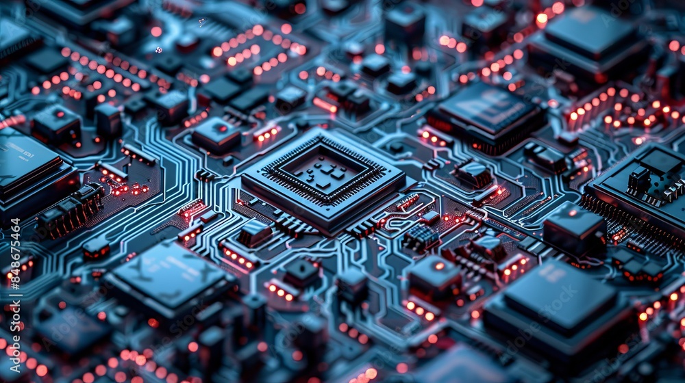Close-up of microchips arranged in a geometric pattern, capturing the fine details and complexity of electronic components Close-up of microchips arranged in a geometric pattern, capturing the fine details and complexity of electronic components