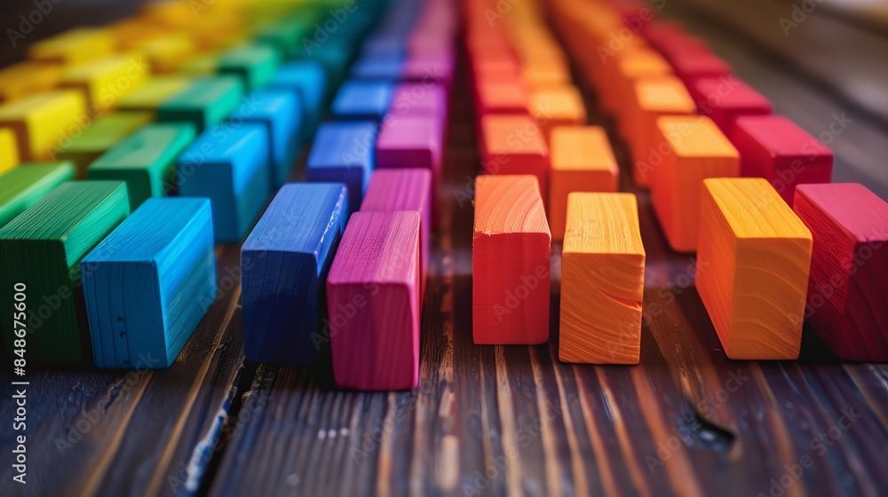 Close-up of rainbow-colored dominoes, each meticulously placed, on a rich wooden table, ready for a chain reaction Close-up of rainbow-colored dominoes, each meticulously placed, on a rich wooden table, ready for a chain reaction