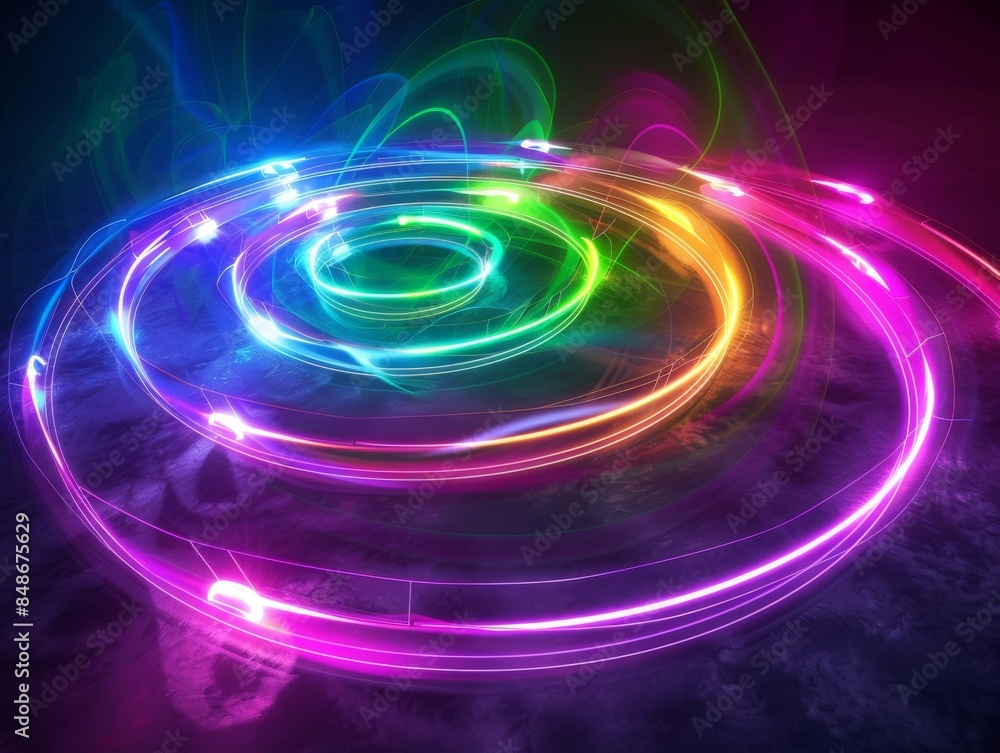 Obraz premium Abstract swirling light rings in vibrant colors, creating a mesmerizing visual effect.
