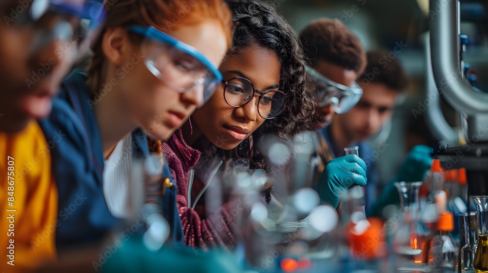 Diverse Group of Students Collaborating on a Science Project in a Bright Laboratory Diverse Group of Students Collaborating on a Science Project in a Bright Laboratory