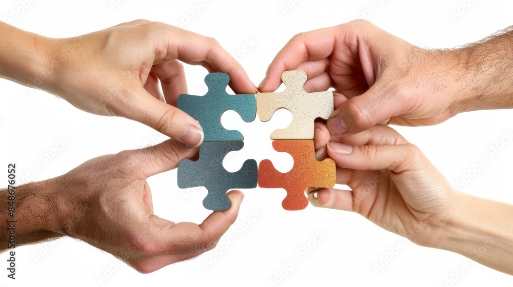 Four Hands Completing a Puzzle Together Four Hands Completing a Puzzle Together