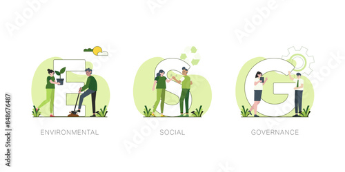 ESG concept. Cartoon Charactors with Sustainable development ecology and environment conservation concept design. Vector illustration.