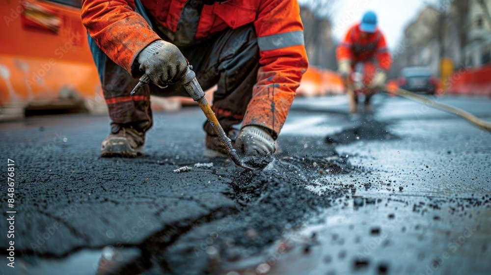 Road Worker Repairing Asphalt with Tool Road Worker Repairing Asphalt with Tool