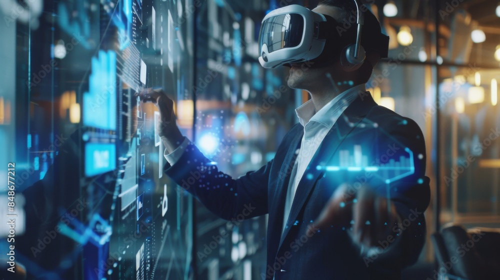Young Business Professional Wearing VR Headset in a Futuristic Office Interacting with Holographic Data, Embracing Digital Technology and Innovation. Exploring Virtual Reality for Business Solutions a Young Business Professional Wearing VR Headset in a Futuristic Office Interacting with Holographic Data, Embracing Digital Technology and Innovation. Exploring Virtual Reality for Business Solutions a