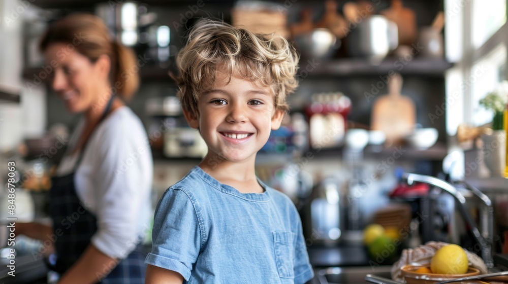 A young boy is smiling in a kitchen with his mother. The boy is wearing a blue shirt and is standing in front of a sink. There are several bowls and cups on the counter A young boy is smiling in a kitchen with his mother. The boy is wearing a blue shirt and is standing in front of a sink. There are several bowls and cups on the counter