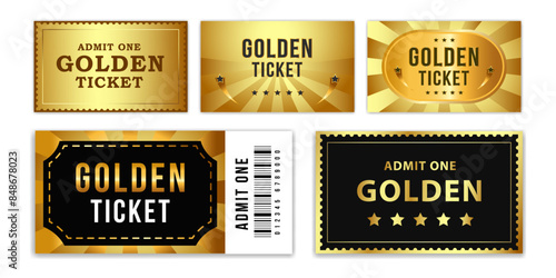 Golden ticket template. Exclusive gold admit one event and performance ticket. Luxury tickets for VIP members, VIP pass,	