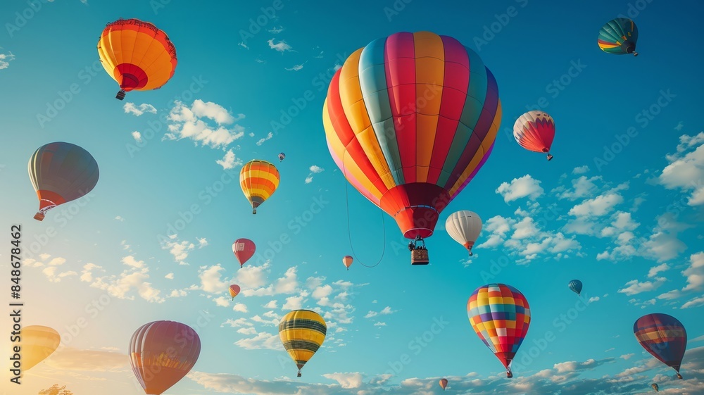 Fototapeta premium Colorful Hot Air Balloons Soaring in a Blue Sky
