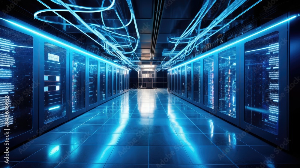 Naklejka premium Photograph of a server room bathed in an ethereal blue light, with data cables snaking across the walls and ceiling like glowing neon serpents