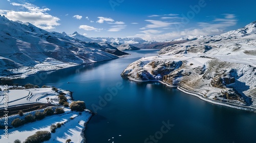 Aerial view of snow-covered mountains and a serene blue lake in Valle Chile. Winter landscape with snowcapped peaks and panoramic view. Captivating aerial drone photo showcasing the beauty of nature i photo