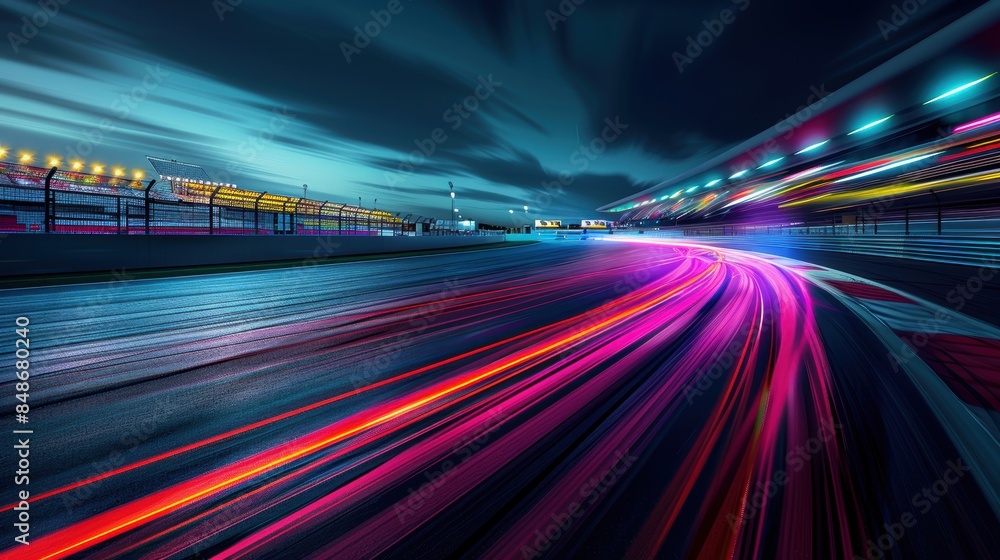Vibrant lights on a night race track, highlighting the speed and ...
