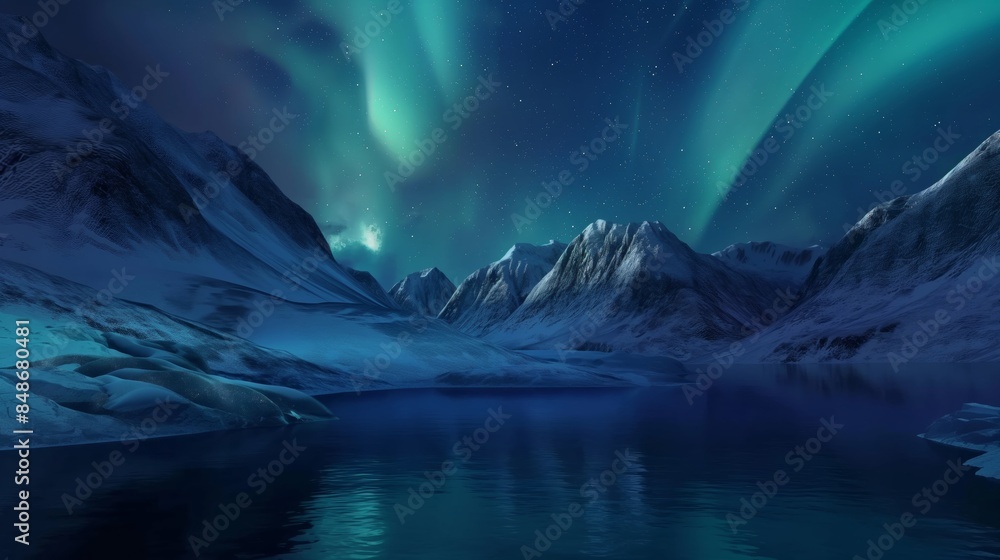 Fototapeta premium Nighttime view of aurora borealis over snowy mountains and a lake.