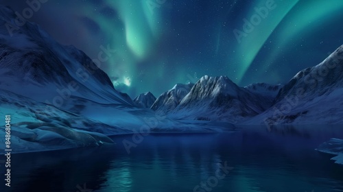 Nighttime view of aurora borealis over snowy mountains and a lake.