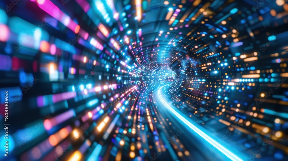 Lightspeed digital data stream in a vibrant tech tunnel, abstract visualization, futuristic theme with dynamic colors, high-tech design Lightspeed digital data stream in a vibrant tech tunnel, abstract visualization, futuristic theme with dynamic colors, high-tech design