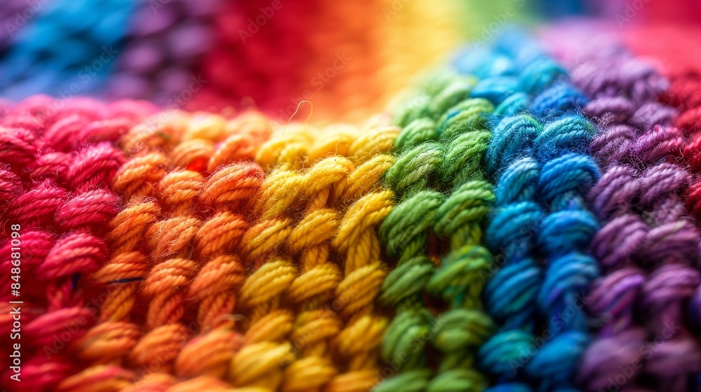Macro image of rainbow-colored yarn in a knitted pattern, showcasing the fine details and textures, sharp focus on material quality Macro image of rainbow-colored yarn in a knitted pattern, showcasing the fine details and textures, sharp focus on material quality