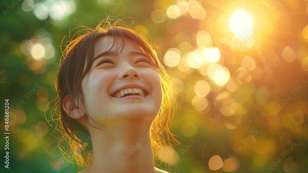 A woman with a big smile on her face is looking up at the sun. Concept of happiness and positivity, as the woman is enjoying the warmth and brightness of the sun A woman with a big smile on her face is looking up at the sun. Concept of happiness and positivity, as the woman is enjoying the warmth and brightness of the sun
