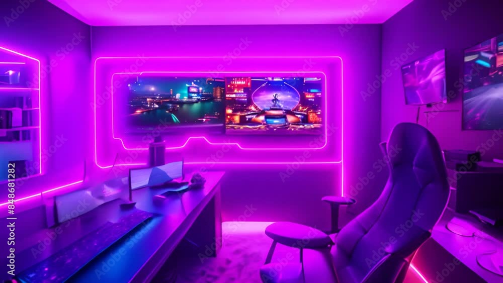 Neon Lit Gaming Room With Multiple Monitors Generative AI Neon Lit Gaming Room With Multiple Monitors Generative AI