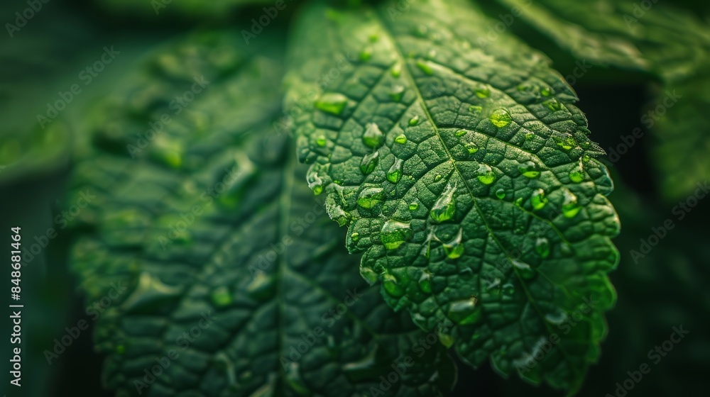 Macro shot of a vibrant green leaf with sharp focus on the delicate water droplets, displaying a stunning natural texture Macro shot of a vibrant green leaf with sharp focus on the delicate water droplets, displaying a stunning natural texture