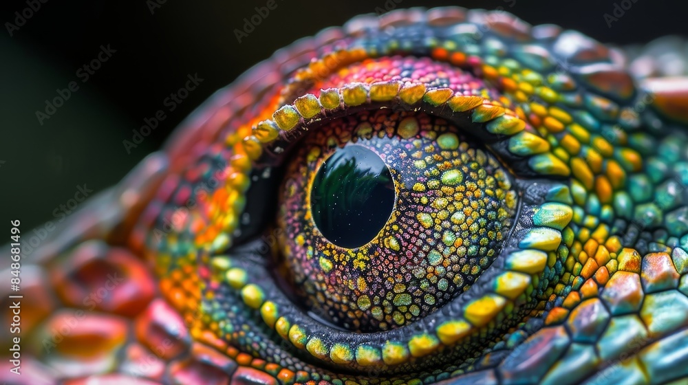 Fototapeta premium Macro shot of a vibrant lizard's eye, capturing intricate details of the scales and vibrant colors, high clarity and contrast, close-up view