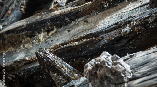 Macro of a wooden shipwreck's beams, fibers softened and worn by time and tide, habitat for marine life. 