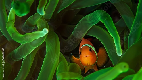 Macro of a clownfish nestled in an anemone, the contrast of orange against green, serene and secure.  photo