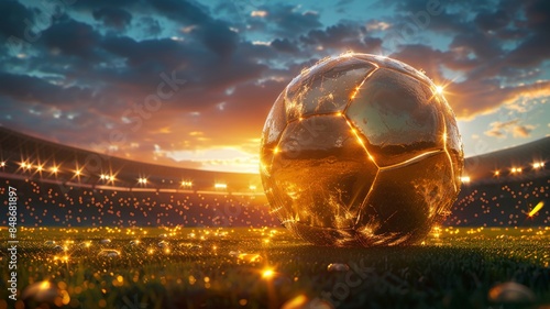 Golden Soccer Ball During Sunset on Stadium Field with Sparkling Lights