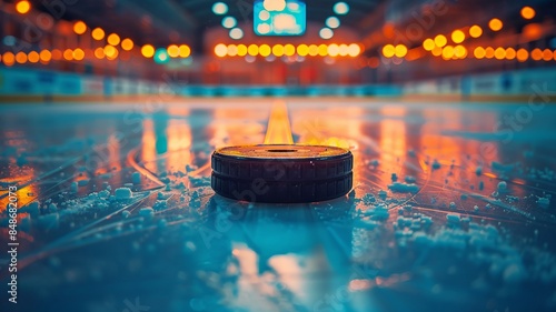 Vibrant Ice Hockey Rink with Puck in Focus: Arena Illuminated by Warm Lights