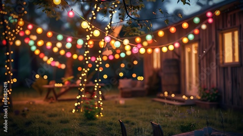 Enchanting Backyard Evening Party with Colorful Lights photo