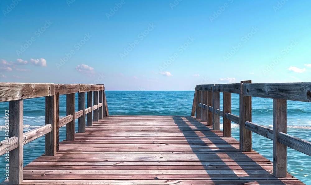 Empty old wooden surface or table on a blurred background of the Ocean. An empty wooden pier on the background of a seascape. Mock-up of a showcase for demonstrating products tourism. Copy space Empty old wooden surface or table on a blurred background of the Ocean. An empty wooden pier on the background of a seascape. Mock-up of a showcase for demonstrating products tourism. Copy space