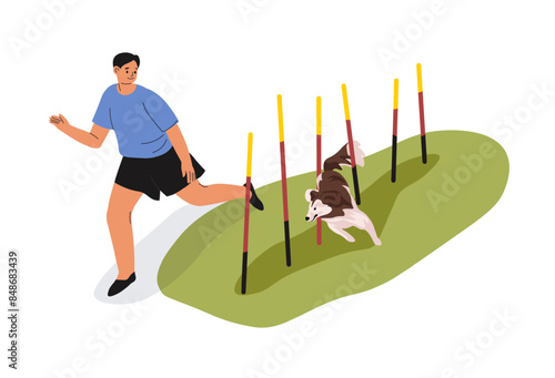Man Running Dog Agility Weave
