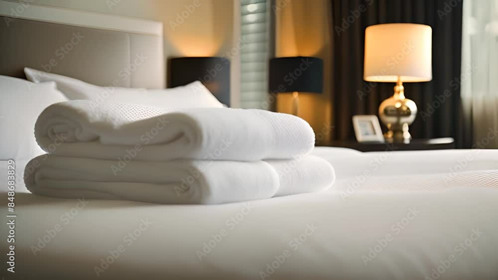 Folded Towels on Hotel Bed Generative AI Folded Towels on Hotel Bed Generative AI