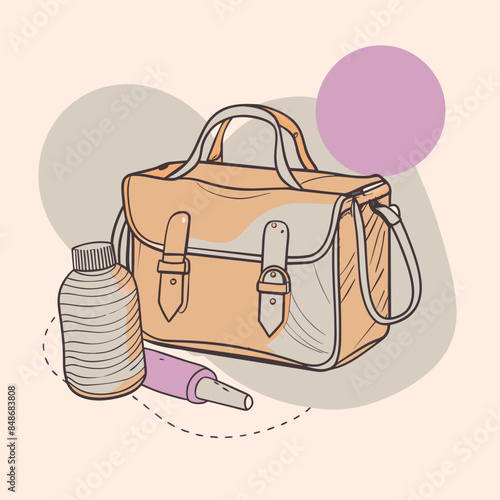 Baby care bag, kids infant child care stuff and accessory carrying travel bag for outdoor logo vector. baby toddler carry bag to pack diaper and milk bottle handbag symbol mark. mother child carry bag