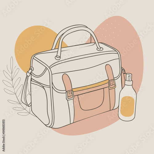 Baby care bag, kids infant child care stuff and accessory carrying travel bag for outdoor logo vector. baby toddler carry bag to pack diaper and milk bottle handbag symbol mark. mother child carry bag