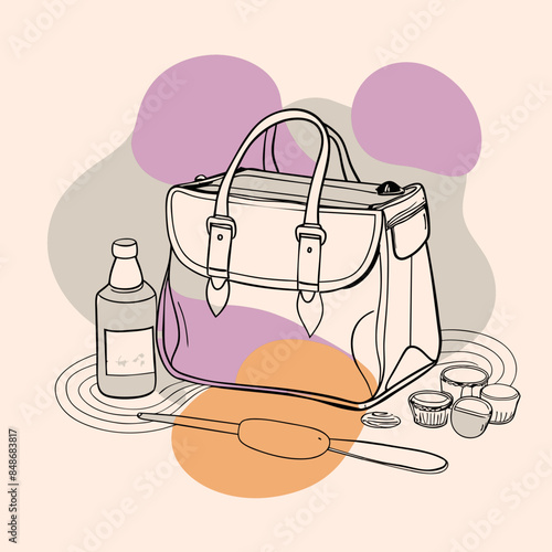 Baby care bag, kids infant child care stuff and accessory carrying travel bag for outdoor logo vector. baby toddler carry bag to pack diaper and milk bottle handbag symbol mark. mother child carry bag