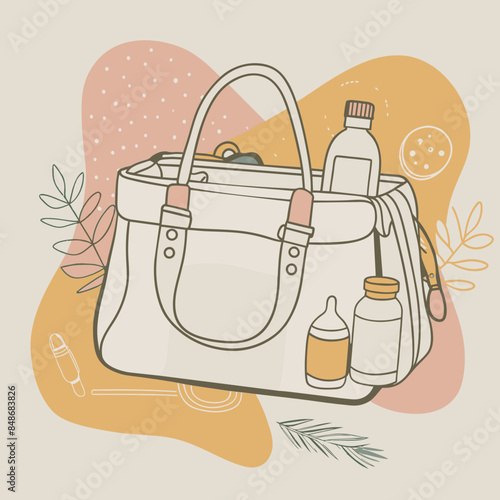 Baby care bag, kids infant child care stuff and accessory carrying travel bag for outdoor logo vector. baby toddler carry bag to pack diaper and milk bottle handbag symbol mark. mother child carry bag