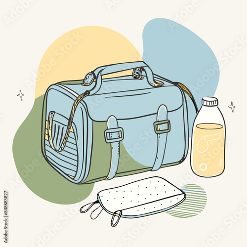 Baby care bag, kids infant child care stuff and accessory carrying travel bag for outdoor logo vector. baby toddler carry bag to pack diaper and milk bottle handbag symbol mark. mother child carry bag