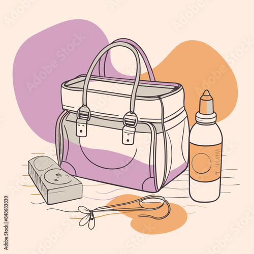 Baby care bag, kids infant child care stuff and accessory carrying travel bag for outdoor logo vector. baby toddler carry bag to pack diaper and milk bottle handbag symbol mark. mother child carry bag