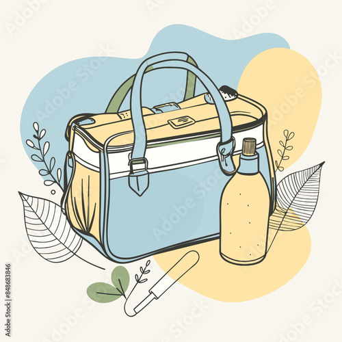 Baby care bag, kids infant child care stuff and accessory carrying travel bag for outdoor logo vector. baby toddler carry bag to pack diaper and milk bottle handbag symbol mark. mother child carry bag