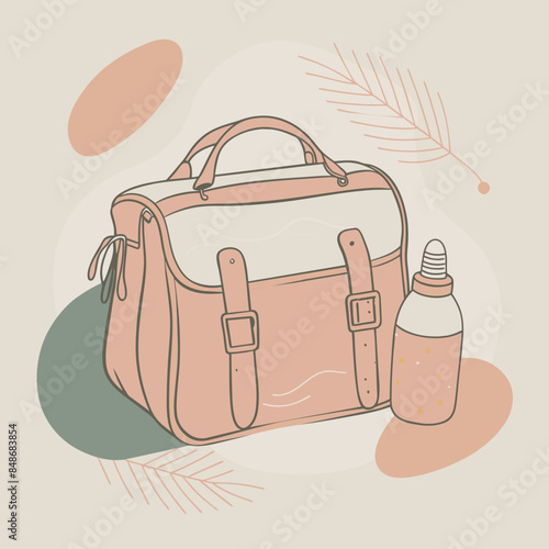 Baby care bag, kids infant child care stuff and accessory carrying travel bag for outdoor logo vector. baby toddler carry bag to pack diaper and milk bottle handbag symbol mark. mother child carry bag